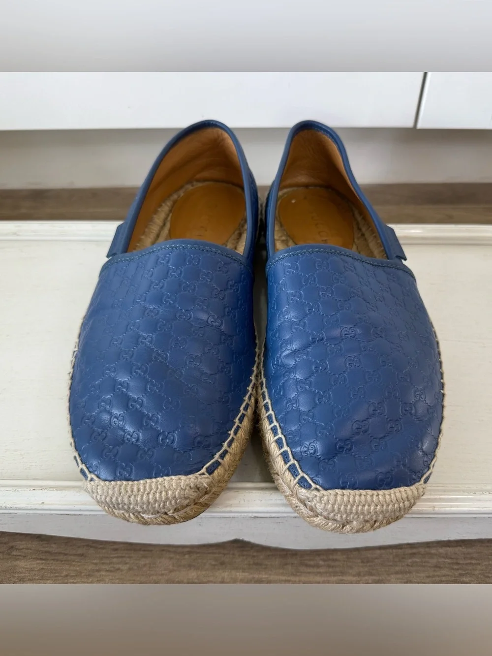 Gucci Navy Embossed Leather Espadrille Slip-Ons size 6